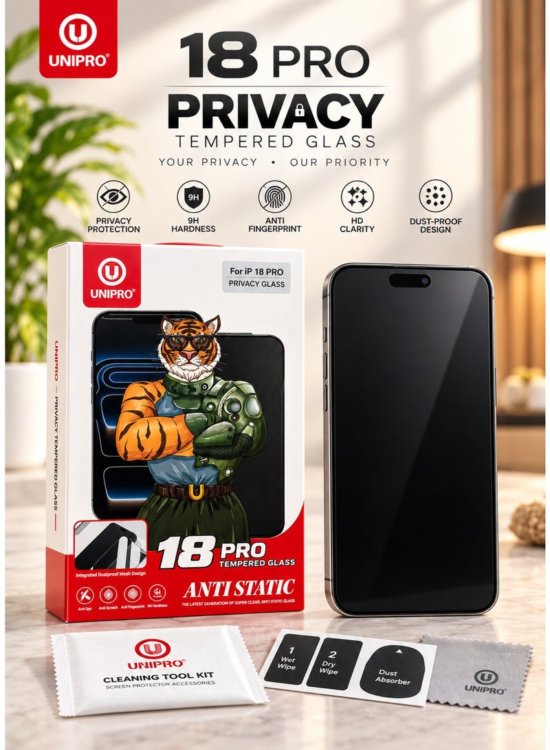 Unipro 18 Pro Privacy Tempered Glass Screen Protector for iPhone 18 Pro, 28° Anti-Peeping, 9H Hardness, Anti-Fingerprint, HD Clarity, Dust-Proof Mesh Design - Image 1