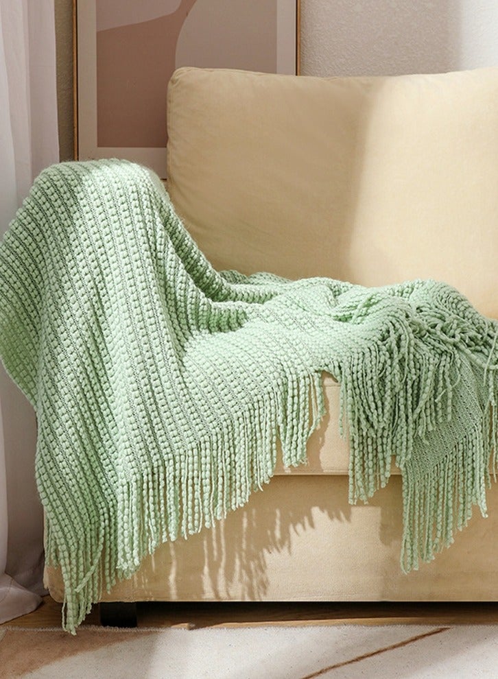 إسكدنيا Solid Color Tassel Design Knitted Soft Throw Blanket Keep Warm Mint Green  Solid Color Tassel Design Knitted Soft Throw Blanket Keep Warm Mint Green  نقي اللون شرابة تصميم محبوك بطانية لينة للحفاظ عل - Image 2