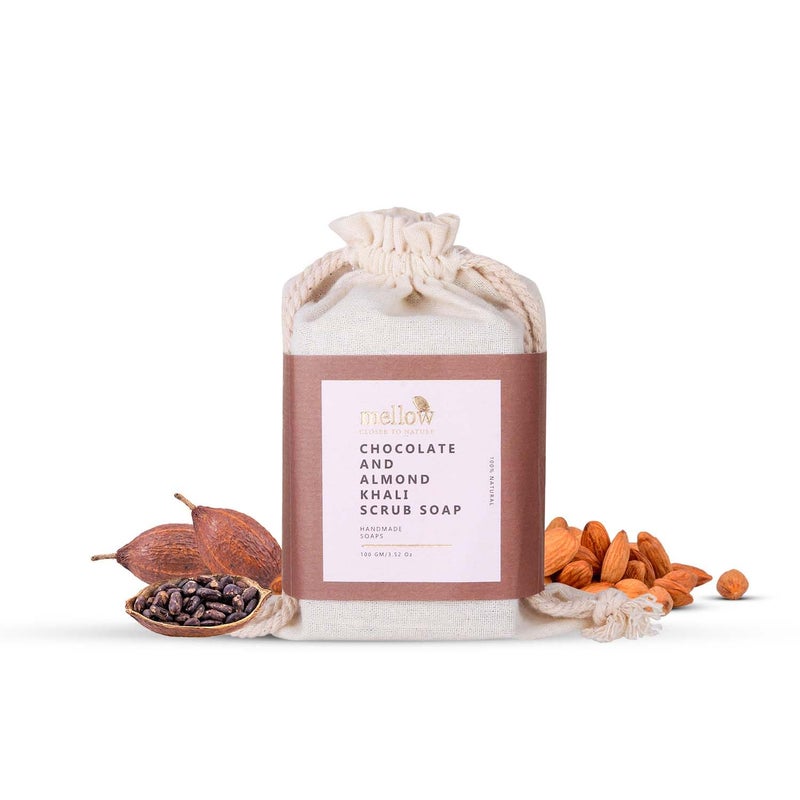 Mellow Chocolate  Almond Khali Body Scrub Soap  100 Handmade Herbal Body Soap  Helps to Remove dirt and grime Cleanses and Moisturize Skin  No Paraben  Chemical Free  100gm - Image 1