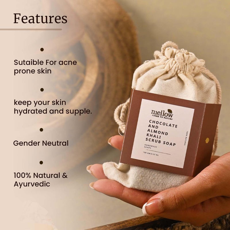 Mellow Chocolate  Almond Khali Body Scrub Soap  100 Handmade Herbal Body Soap  Helps to Remove dirt and grime Cleanses and Moisturize Skin  No Paraben  Chemical Free  100gm - Image 4