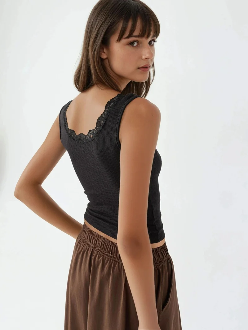 Busem Black BUSEM Lace Detail U Collar Tank Top for Women | Best Price UAE