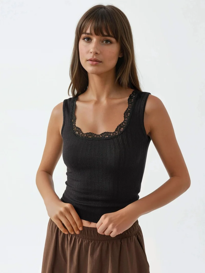 Busem Black BUSEM Lace Detail U Collar Tank Top for Women | Best Price UAE