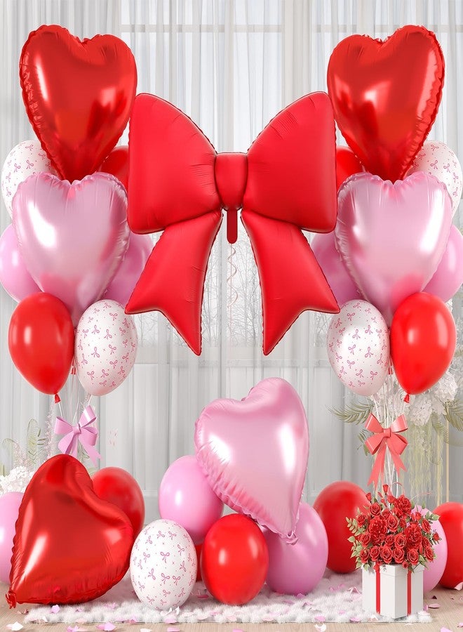 Vibzox Red Bow Foil Balloons,Pink Red Heart Foil Balloons and Bow Print Balloons for Women Birthday Baby Shower Valentine's Day Party Decorations - Image 1