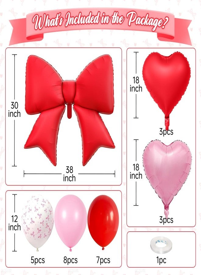 Vibzox Red Bow Foil Balloons,Pink Red Heart Foil Balloons and Bow Print Balloons for Women Birthday Baby Shower Valentine's Day Party Decorations - Image 2