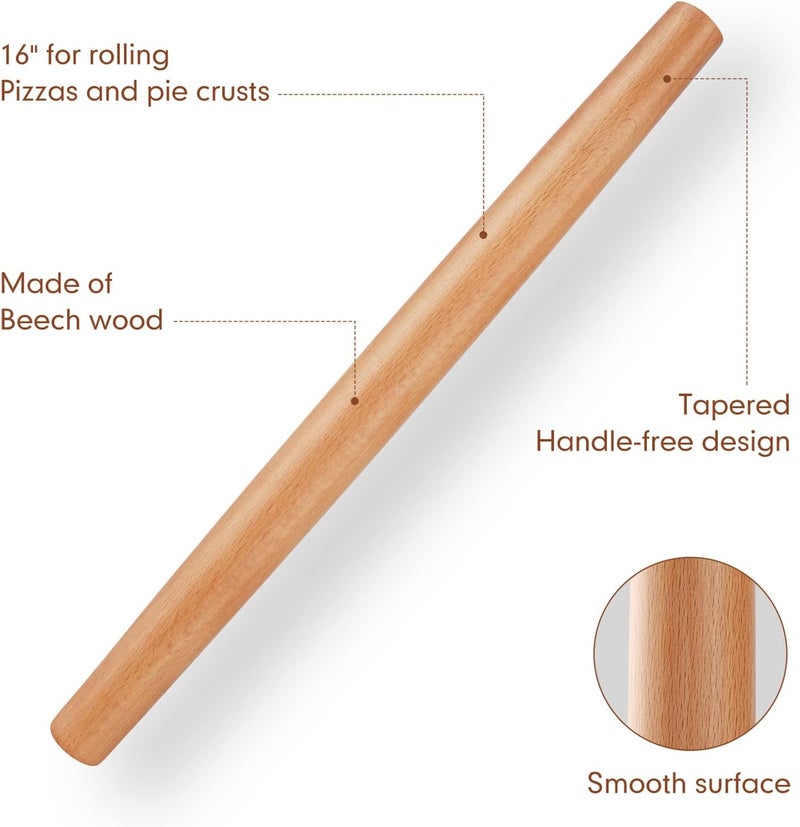 QUELLANCE Wood French Rolling Pin with Silicone Baking Mat - Beech Wood Dough Roller for Pizza, Pie, Pastries, Pasta, and Cookies - Image 2