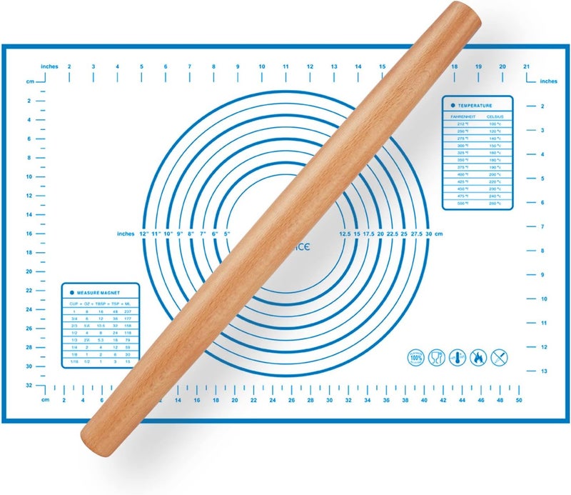 QUELLANCE Wood French Rolling Pin with Silicone Baking Mat - Beech Wood Dough Roller for Pizza, Pie, Pastries, Pasta, and Cookies - Image 1
