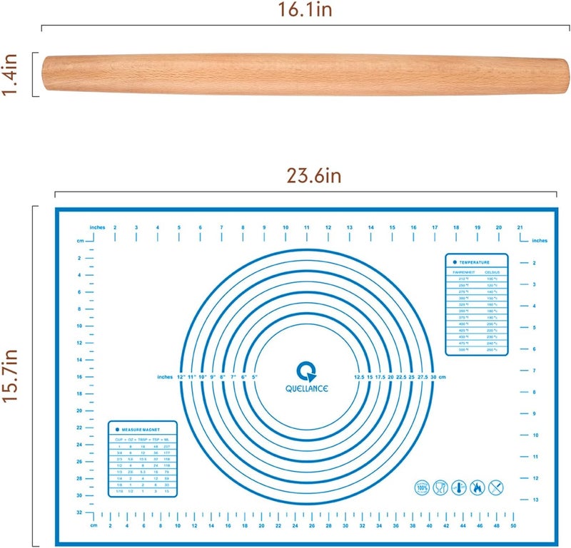 QUELLANCE Wood French Rolling Pin with Silicone Baking Mat - Beech Wood Dough Roller for Pizza, Pie, Pastries, Pasta, and Cookies - Image 3