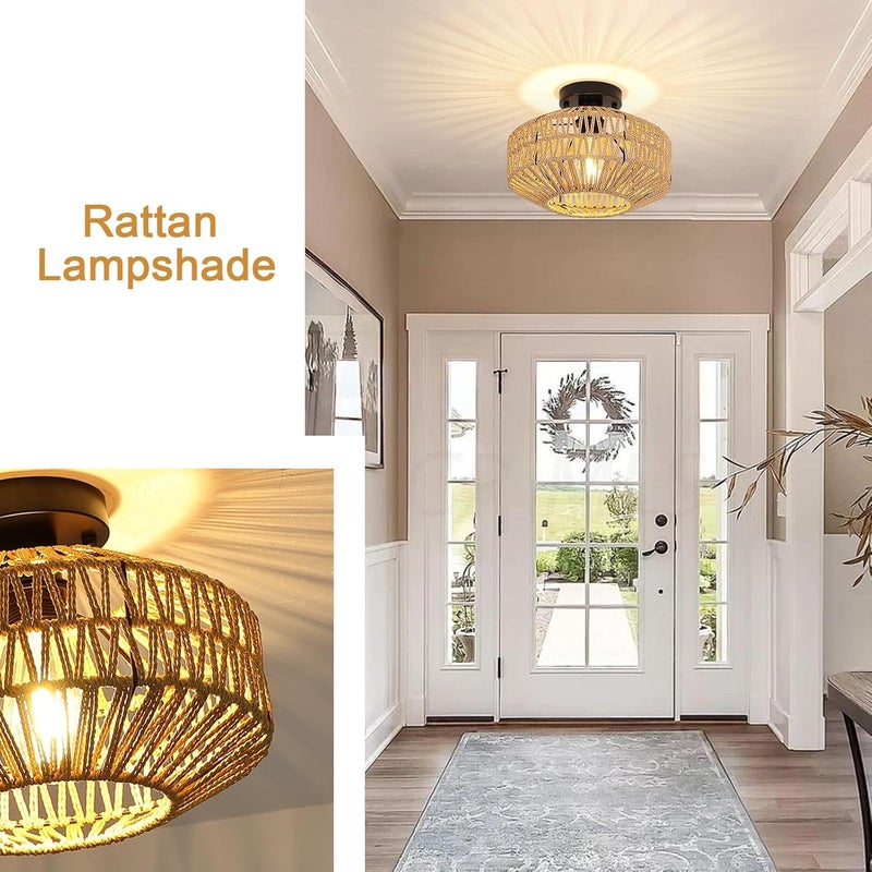 Garwarm Retro Ceiling Light,Rustic Ceiling Lamp,Hanging Lamp, Braided Basket Lampshade,Vintage Rattan Lamp,Chandeliers, E27 Industrial Ceiling Lights for Kitchen,Dining Room 30cm(Bulb Not Included) - Image 4