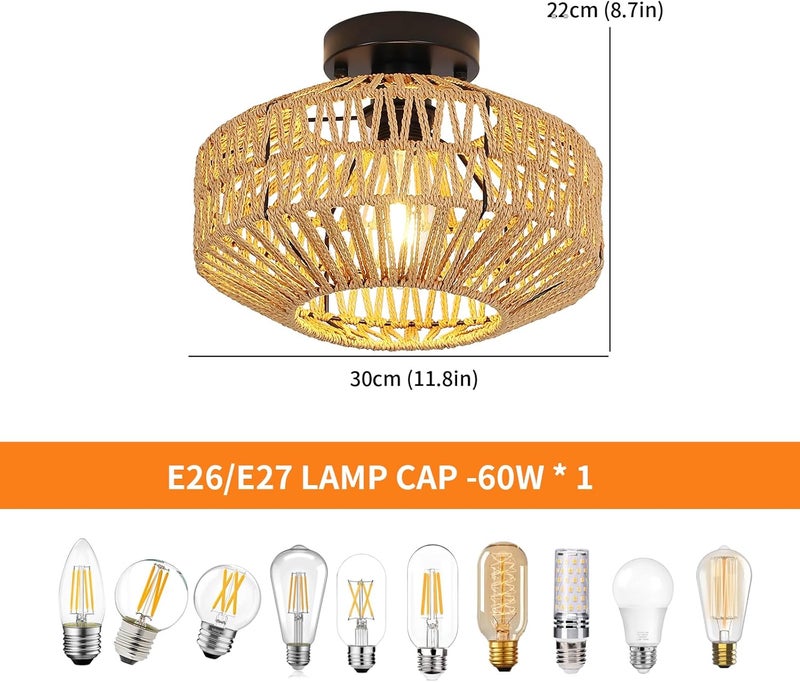 Garwarm Retro Ceiling Light,Rustic Ceiling Lamp,Hanging Lamp, Braided Basket Lampshade,Vintage Rattan Lamp,Chandeliers, E27 Industrial Ceiling Lights for Kitchen,Dining Room 30cm(Bulb Not Included) - Image 2