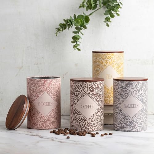 nestroots Tea Coffee Sugar Containers Set of 4 | 750g Airtight Kitchen Storage Jars & Canisters for Dry Fruits, Spices or Baking Essentials | Prismatic Tin Design for Modern Kitchen Decor - Image 1