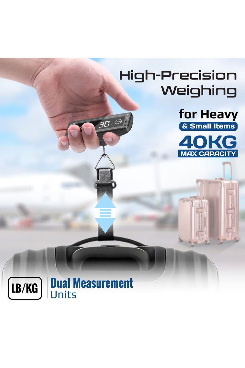 Promate InstaScale Digital Luggage Scale 40kg Max, Touch Screen LCD, Compact Portable Travel Weight Scale, Hold Function, Battery Powered, Braided Strap, Accurate Suitcase Scale in KG/LBS, Black