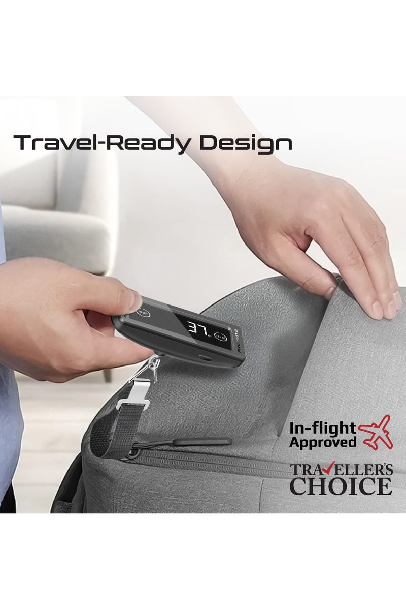 Promate InstaScale Digital Luggage Scale 40kg Max, Touch Screen LCD, Compact Portable Travel Weight Scale, Hold Function, Battery Powered, Braided Strap, Accurate Suitcase Scale in KG/LBS, Black