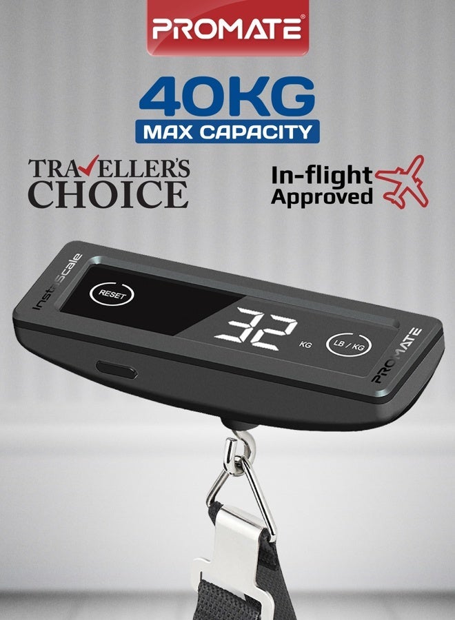 Promate InstaScale Digital Luggage Scale 40kg Max, Touch Screen LCD, Compact Portable Travel Weight Scale, Hold Function, Battery Powered, Braided Strap, Accurate Suitcase Scale in KG/LBS, Black