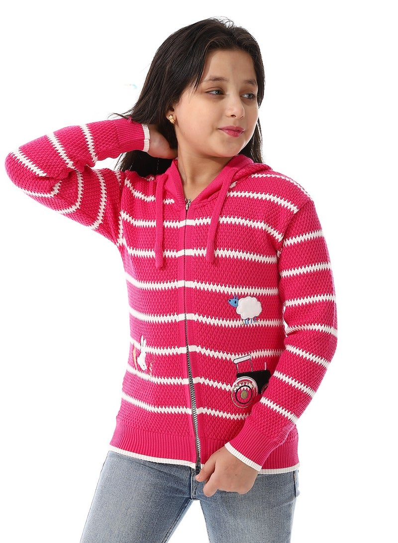 Andora Girls Hooded Neck Striped Sweatshirt _ Fuchsia  - Image 1