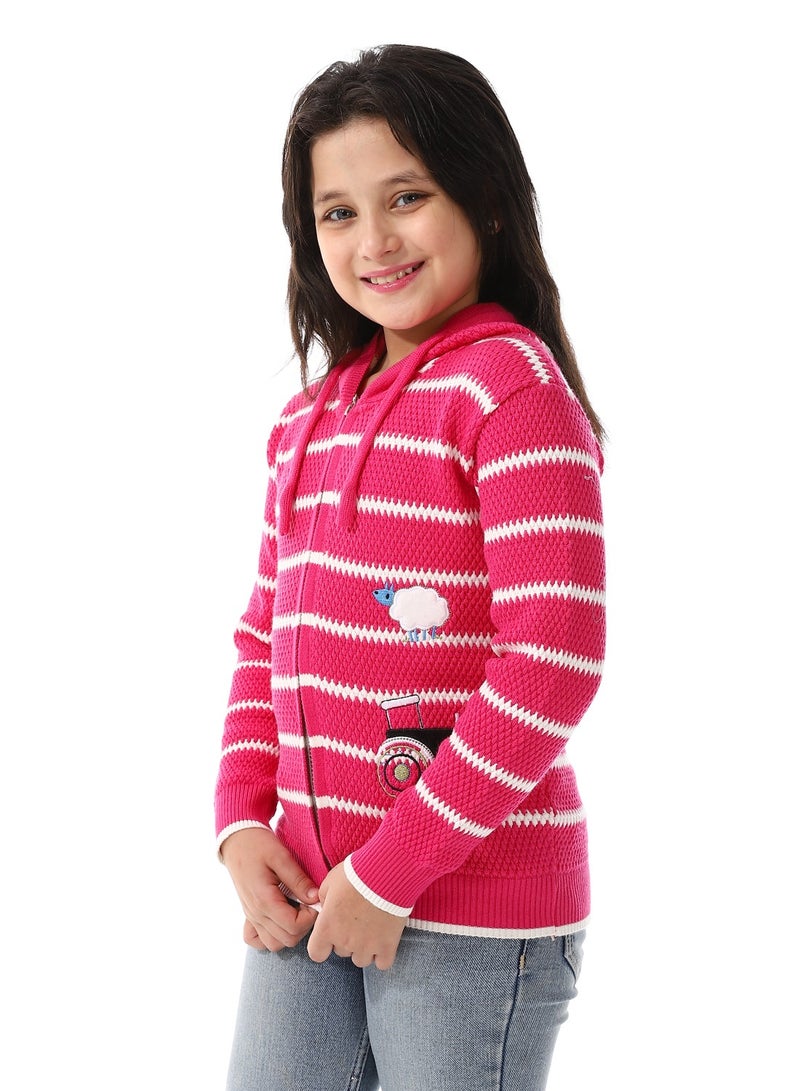 Andora Girls Hooded Neck Striped Sweatshirt _ Fuchsia  - Image 2