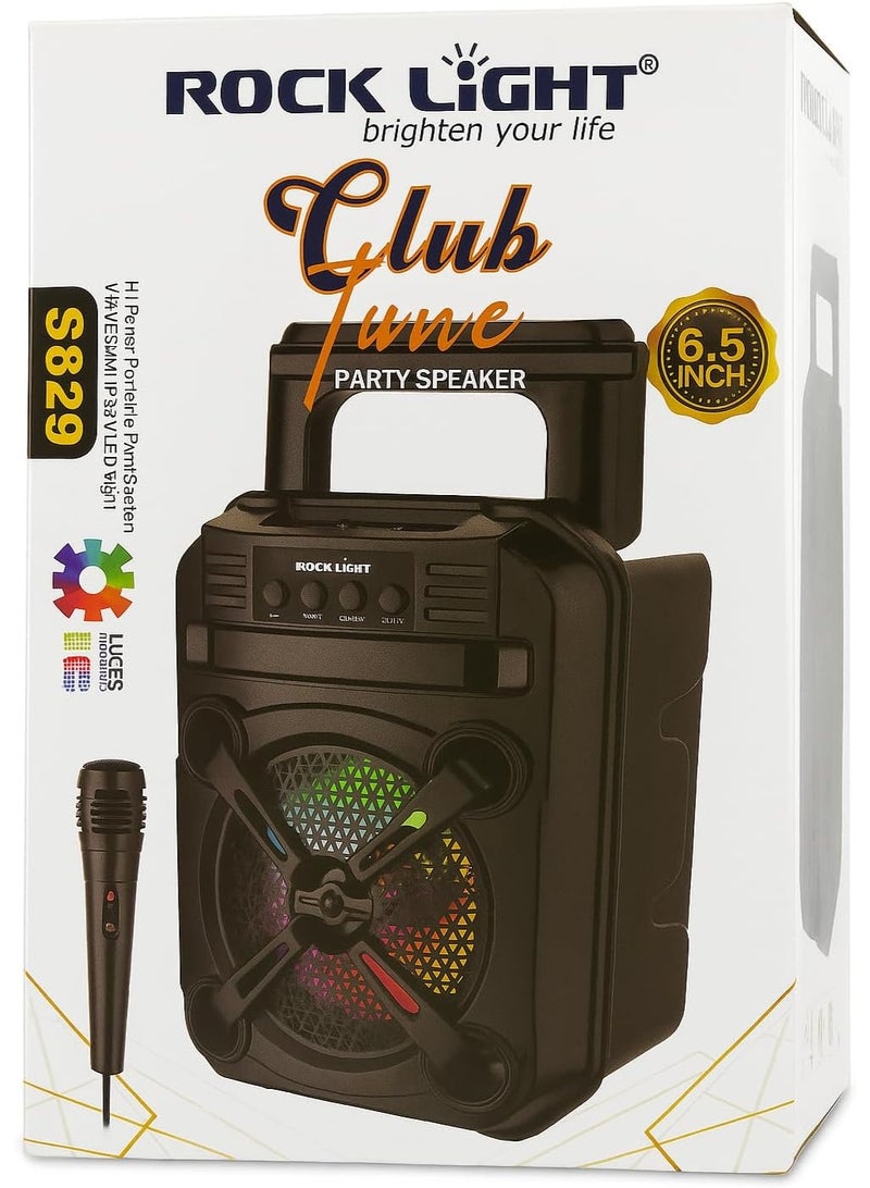 ROCK LIGHT سماعة حفلات S829، 6.5 بوصة، بلوتوث 5.3، أضواء RGB، راديو FM، USB، مدخل ميكروفون، بطارية 800 مللي أمبير، شحن Type-C - Image 2