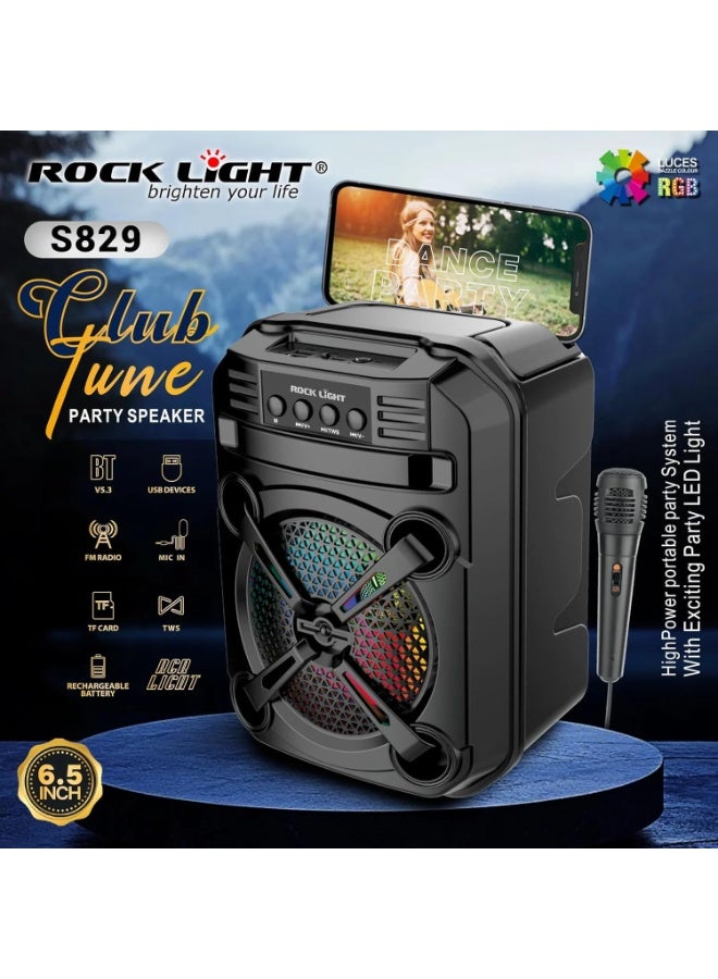ROCK LIGHT سماعة حفلات S829، 6.5 بوصة، بلوتوث 5.3، أضواء RGB، راديو FM، USB، مدخل ميكروفون، بطارية 800 مللي أمبير، شحن Type-C - Image 4