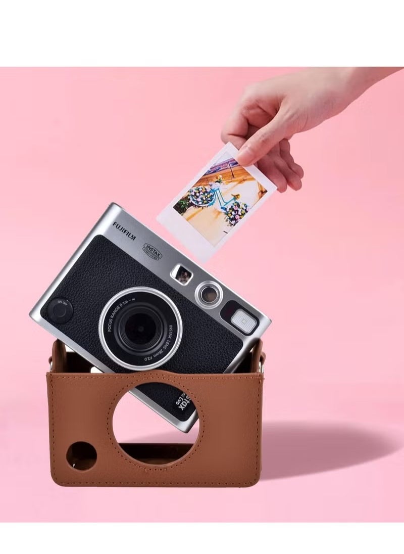 ماركة غير محددة - جراب متوافق مع كاميرا Fuji Mini EVO مع حزام كتف قابل للتعديل باللون البني بنمط ليتشي أفقي - Image 1