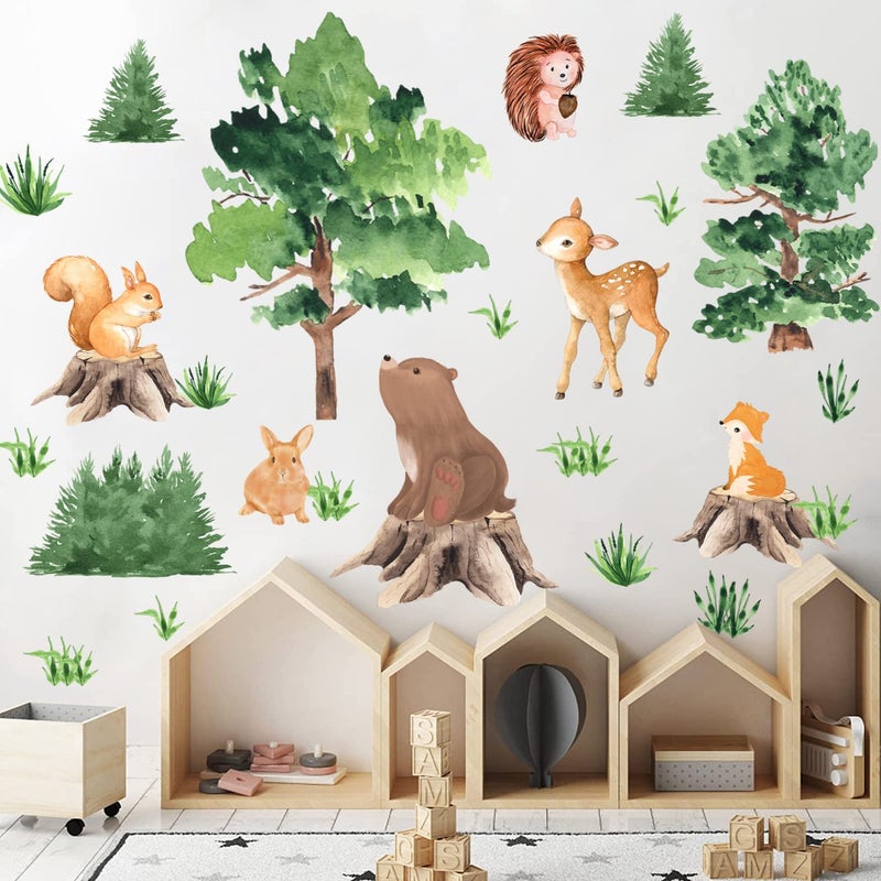 KOKOLAP Watercolor Tree Animal Wall StickersForest Animal Wall Decal Baby Room DecorNursery Wall Decor Woodland Animal Wall StickerFox Jungle Animals Wall Decal for Kids Room Bedroom Playroom Decor