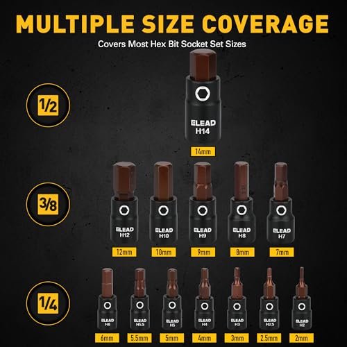 ELEAD 16-Piece Metric Hex Bit Socket Set - Premium S2 Steel 2mm-14mm Allen Socket Set with Socket Adapters, 1/4”, 3/8” and 1/2” Drive | Professional Mechanic Garage Tools - Image 2