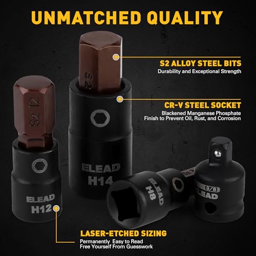 ELEAD 16-Piece Metric Hex Bit Socket Set - Premium S2 Steel 2mm-14mm Allen Socket Set with Socket Adapters, 1/4”, 3/8” and 1/2” Drive | Professional Mechanic Garage Tools - Image 5
