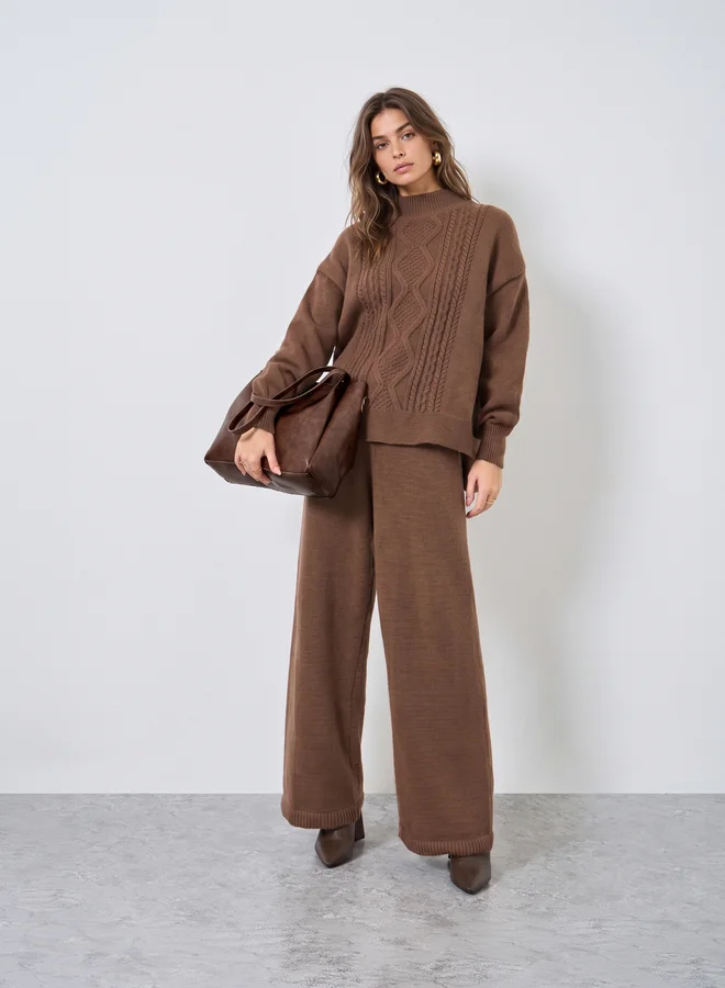 Styli Brown Regular Fit Cable Knit Sweater