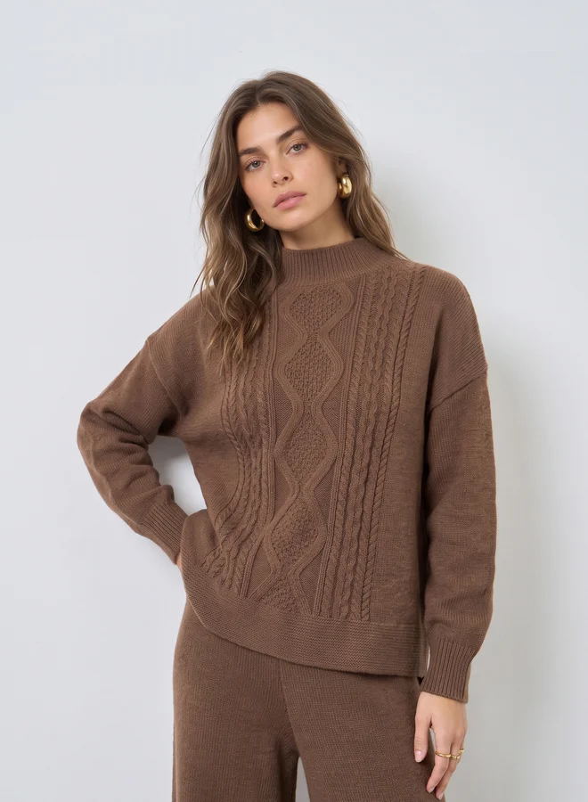 Styli Brown Regular Fit Cable Knit Sweater