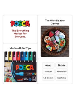 POSCA 8 Posca Paint Markers, 5M Medium Markers with Reversible Tips, Marker Set of Acrylic Paint Pens | Posca Pens for Art Supplies, Fabric Paint, Fabric Markers, Paint Pen, Art Markers, PC5M8C  - Image 3
