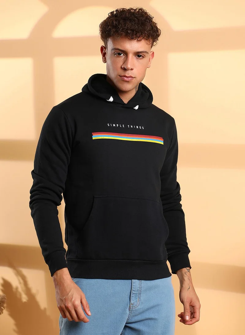 Campus Sutra Men's Black Simple Things Hoodie With Kangaroo Pocket