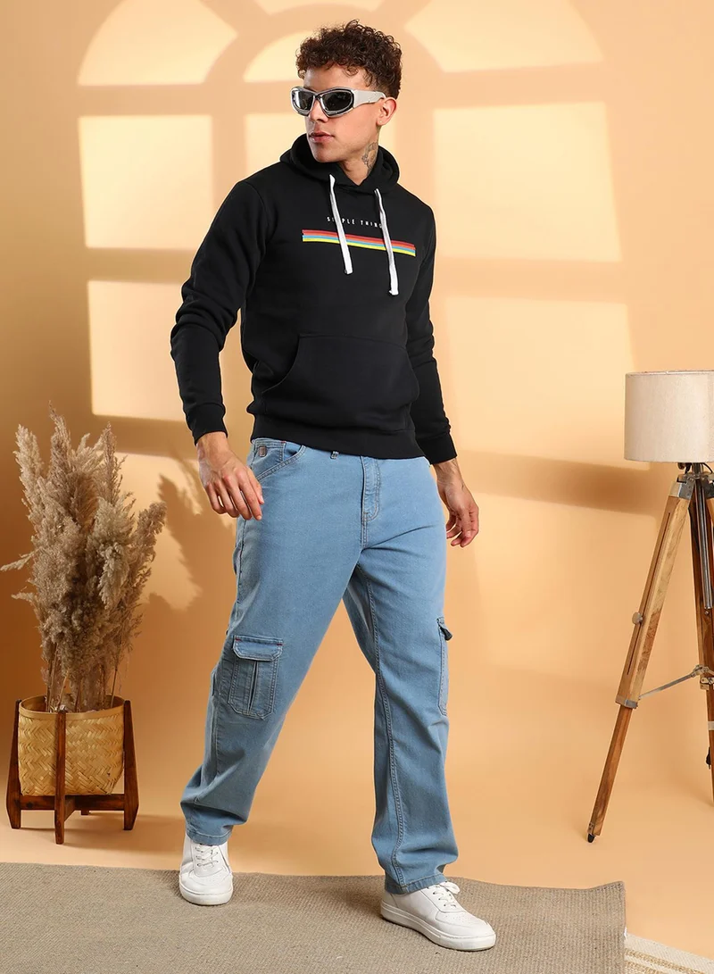 Campus Sutra Men's Black Simple Things Hoodie With Kangaroo Pocket