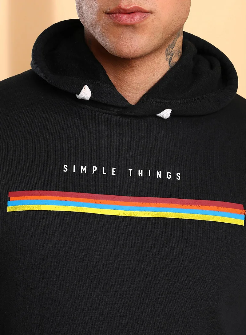 Campus Sutra Men's Black Simple Things Hoodie With Kangaroo Pocket