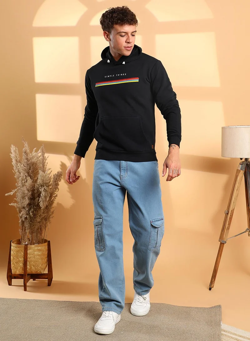 Campus Sutra Men's Black Simple Things Hoodie With Kangaroo Pocket