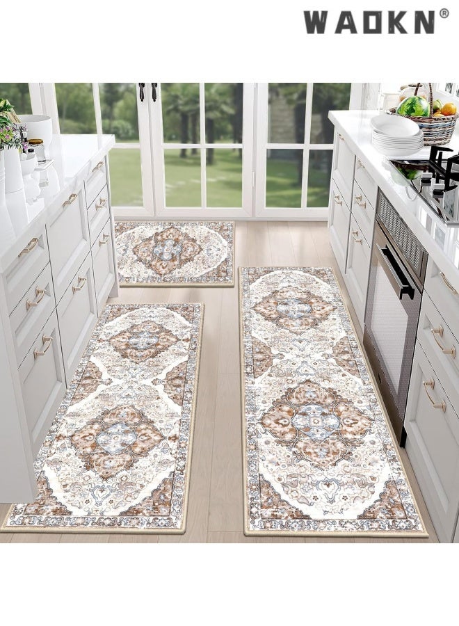WAOKN Farmhouse Kitchen Rugs Sets of 3 Non Slip Washable Boho Kitchen Rugs and Mats for Floor Kitchen Runner Rug Floor Carpet for Kitchen, Laundry, Hallways，Oil absorbing kitchen mat, household dirt resistant and wear-resistant floor mat, entrance door mat（50*80+50*120+50*151cm） - Image 1