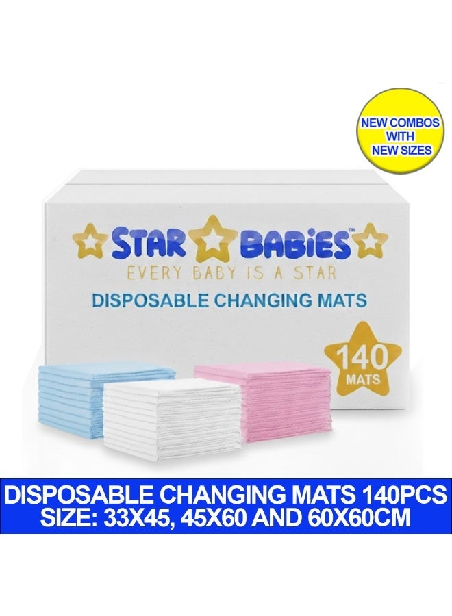 STAR BABiES حصائر تغيير الحفاضات القابلة للاستخدام مرة واحدة من ستار بيبيز عبوة من 140 متنوعة 33x45-أزرق، 45x60-أبيض، 60x60-وردي - Image 2