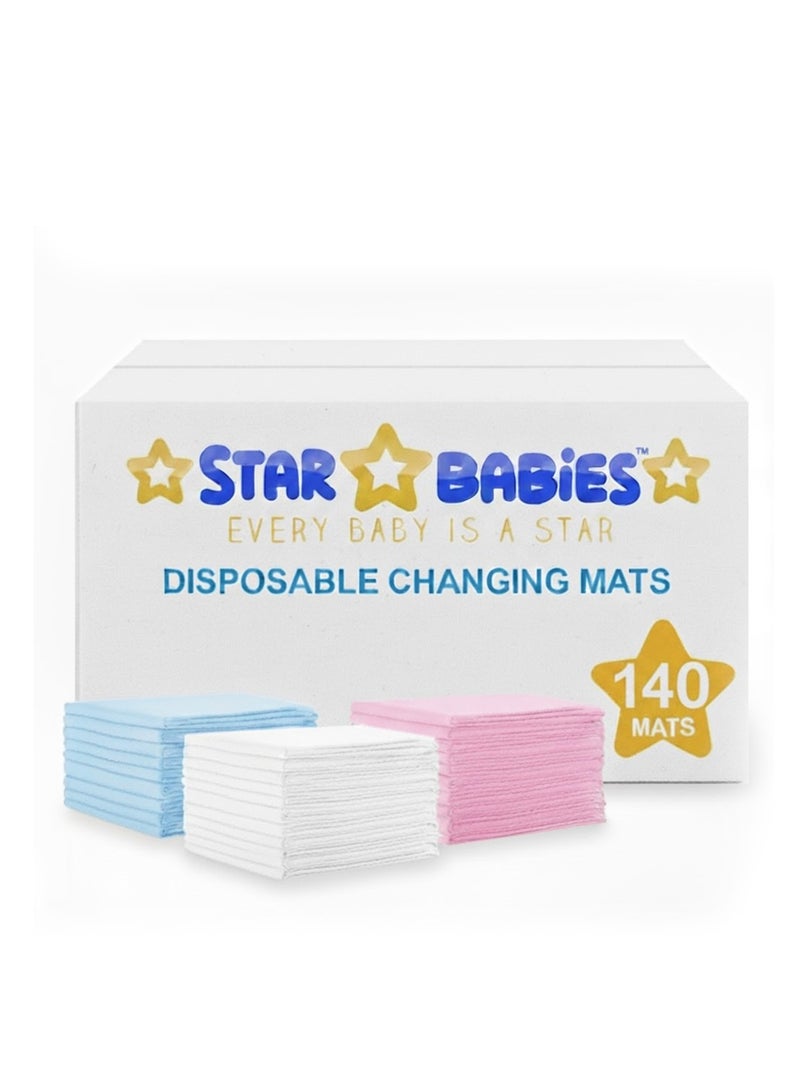 STAR BABiES حصائر تغيير الحفاضات القابلة للاستخدام مرة واحدة من ستار بيبيز عبوة من 140 متنوعة 33x45-أزرق، 45x60-أبيض، 60x60-وردي - Image 1