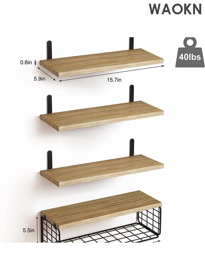 WAOKN 4Pcs Floating Wall Shelves, Rustic Wood and Metal Wall-Mounted Storage Racks with Mesh Guard, Multi-Layer Design, Natural Wood Color, Large & Deep Shelves for Bedroom, Bathroom, Kitchen, Living Room, Laundry & Closet Decor. - Image 2