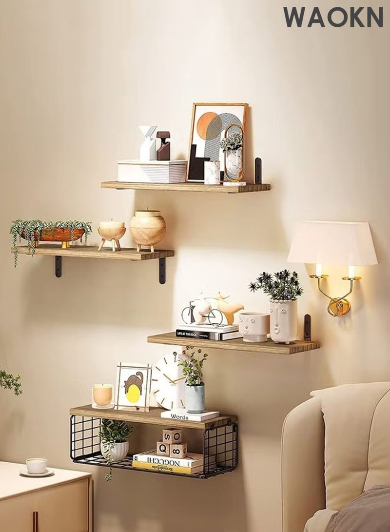 WAOKN 4Pcs Floating Wall Shelves, Rustic Wood and Metal Wall-Mounted Storage Racks with Mesh Guard, Multi-Layer Design, Natural Wood Color, Large & Deep Shelves for Bedroom, Bathroom, Kitchen, Living Room, Laundry & Closet Decor. - Image 3