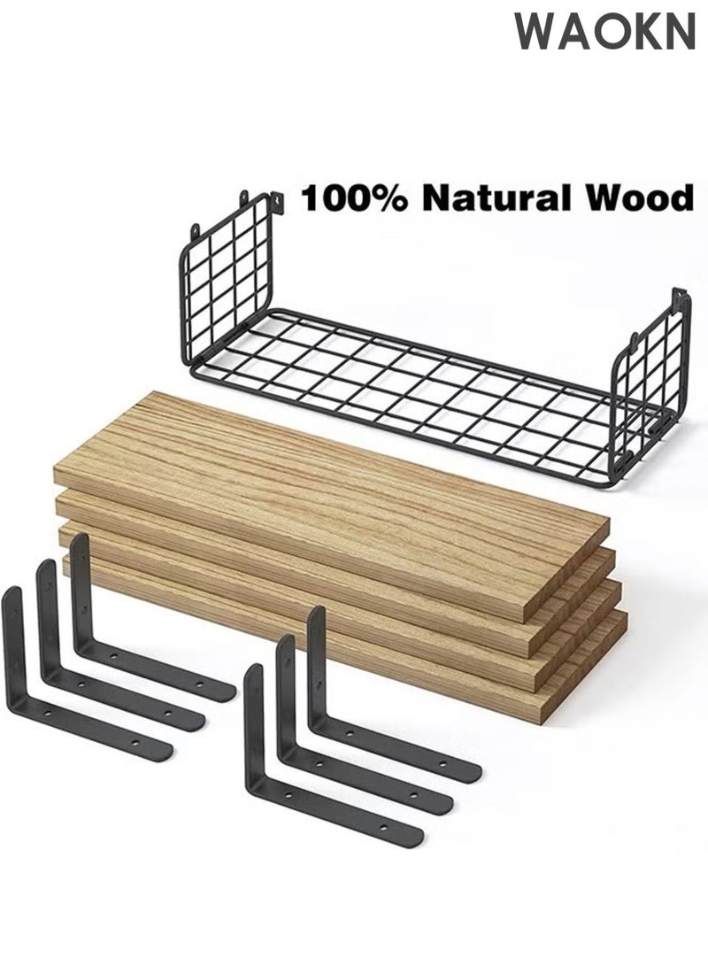 WAOKN 4Pcs Floating Wall Shelves, Rustic Wood and Metal Wall-Mounted Storage Racks with Mesh Guard, Multi-Layer Design, Natural Wood Color, Large & Deep Shelves for Bedroom, Bathroom, Kitchen, Living Room, Laundry & Closet Decor. - Image 4