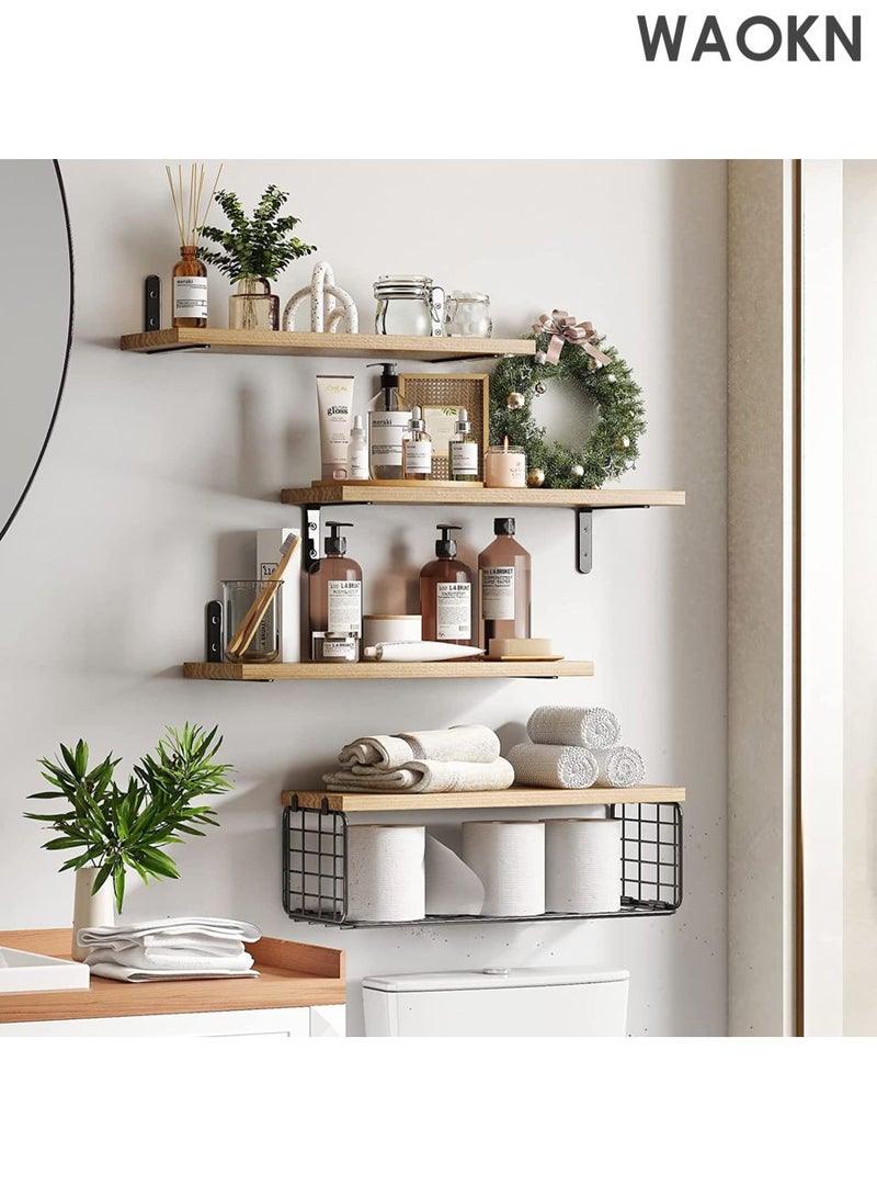 WAOKN 4Pcs Floating Wall Shelves, Rustic Wood and Metal Wall-Mounted Storage Racks with Mesh Guard, Multi-Layer Design, Natural Wood Color, Large & Deep Shelves for Bedroom, Bathroom, Kitchen, Living Room, Laundry & Closet Decor. - Image 1