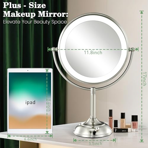 VESAUR 11.8" Extra Large 17" Tall Lighted Makeup Mirror, 1X/5X/10X 3-Sided Magnifying Mirror with 96 LEDs, 3 Color Dimmable Lights, 360° Swivel Dual Power Vanity Mirror, Nickel Finish - Great Gift - Image 3