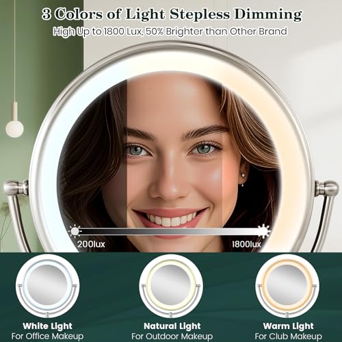 VESAUR 11.8" Extra Large 17" Tall Lighted Makeup Mirror, 1X/5X/10X 3-Sided Magnifying Mirror with 96 LEDs, 3 Color Dimmable Lights, 360° Swivel Dual Power Vanity Mirror, Nickel Finish - Great Gift - Image 4