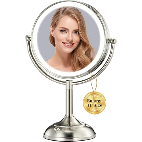 VESAUR 11.8" Extra Large 17" Tall Lighted Makeup Mirror, 1X/5X/10X 3-Sided Magnifying Mirror with 96 LEDs, 3 Color Dimmable Lights, 360° Swivel Dual Power Vanity Mirror, Nickel Finish - Great Gift - Image 1