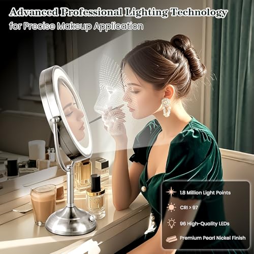 VESAUR 11.8" Extra Large 17" Tall Lighted Makeup Mirror, 1X/5X/10X 3-Sided Magnifying Mirror with 96 LEDs, 3 Color Dimmable Lights, 360° Swivel Dual Power Vanity Mirror, Nickel Finish - Great Gift - Image 2