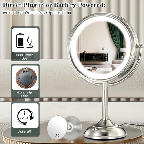 VESAUR 11.8" Extra Large 17" Tall Lighted Makeup Mirror, 1X/5X/10X 3-Sided Magnifying Mirror with 96 LEDs, 3 Color Dimmable Lights, 360° Swivel Dual Power Vanity Mirror, Nickel Finish - Great Gift - Image 5