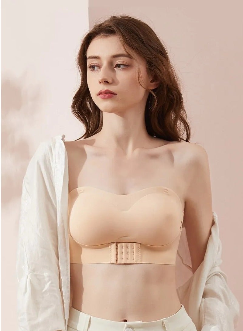roaiss 2Pcs Women's Strapless Tube Top Underwear Without Steel Ring Push Up Bra Beige/Black - Image 2