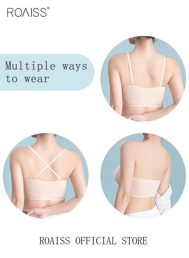 roaiss 2Pcs Women's Strapless Tube Top Underwear Without Steel Ring Push Up Bra Beige/Black - Image 4