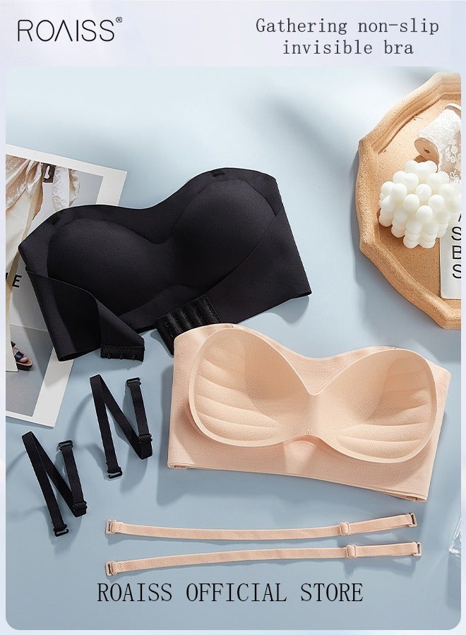 roaiss 2Pcs Women's Strapless Tube Top Underwear Without Steel Ring Push Up Bra Beige/Black - Image 1