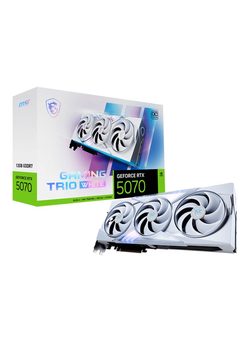 إم اس أي GeForce RTX 5070 12GB GAMING TRIO OC WHITE Graphics Card, NVIDIA GeForce RTX 5070 GPU, PCIe Gen 5, 6144 CUDA Cores, 28 Gbps Memory Speed, 12GB GDDR7, 192-bit Memory Bus, DisplayPort x3, HDMI 2.1b, HDCP Support, 7680x4320 Max Resolution, G-SYNC, 16-pin Power Connector White  - Image 1