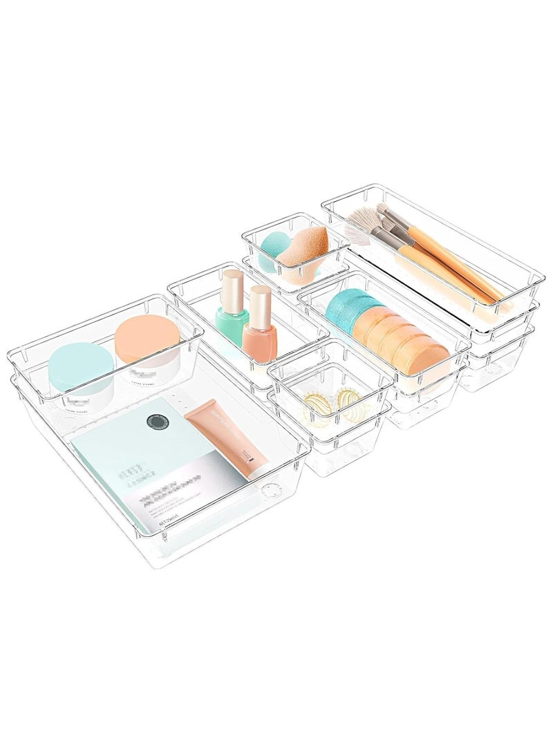 مجموعة منظمات أدراج بلاستيكية شفافة مستوردة، 13 قطعة، 4 صواني تنظيم أدراج مكتبية للمكياج والمجوهرات وأدوات المطبخ والأدوات وإكسسوارات المكتب - Image 1