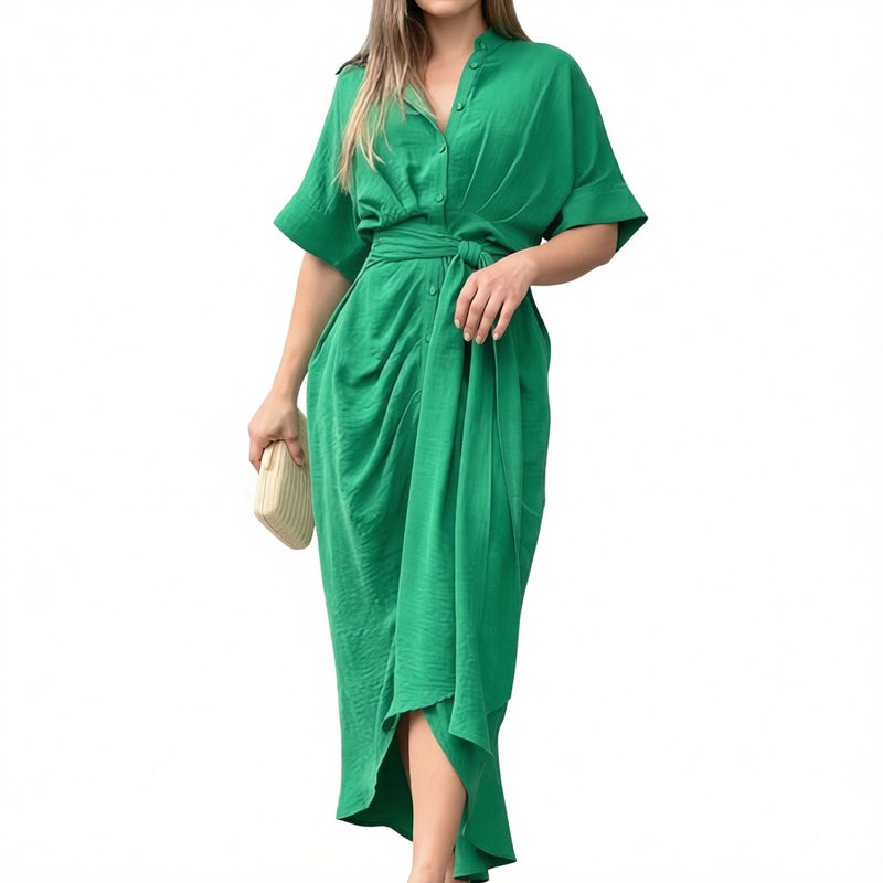 Women's High Waist Short Sleeve Print Turn-Down Collar Single-Breasted Tie Front Midi Dress - Image 3
